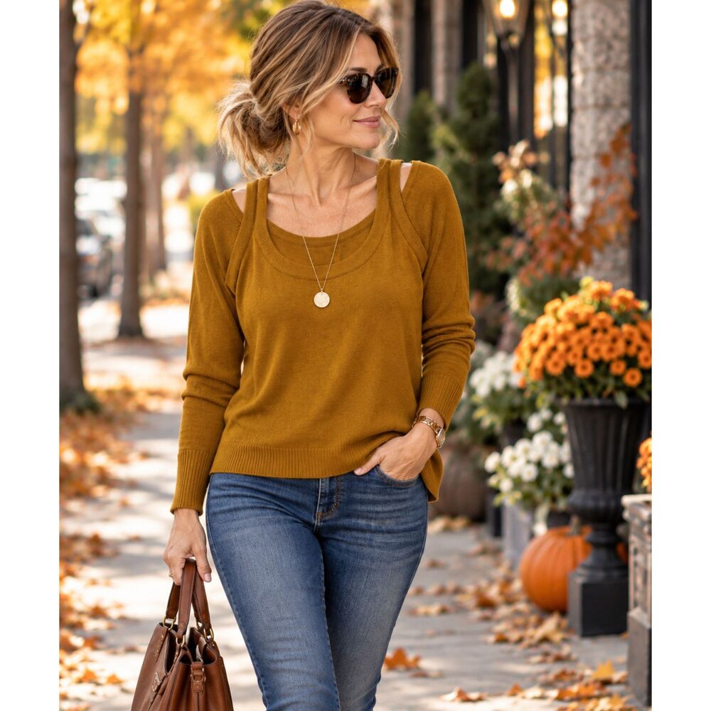 Anthropologie Layered Cold Shoulder Sweater – Mustard Ochre – Size M